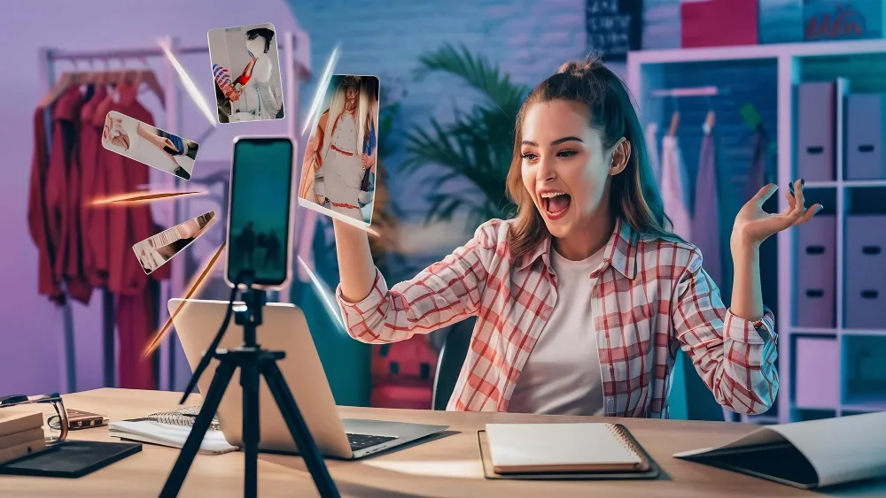 TikTok content creator filming video with smartphone for social media growth