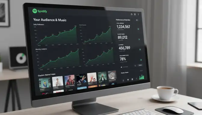 Computer screen mockup showing Spotify for Artists analytics dashboard with playlist data