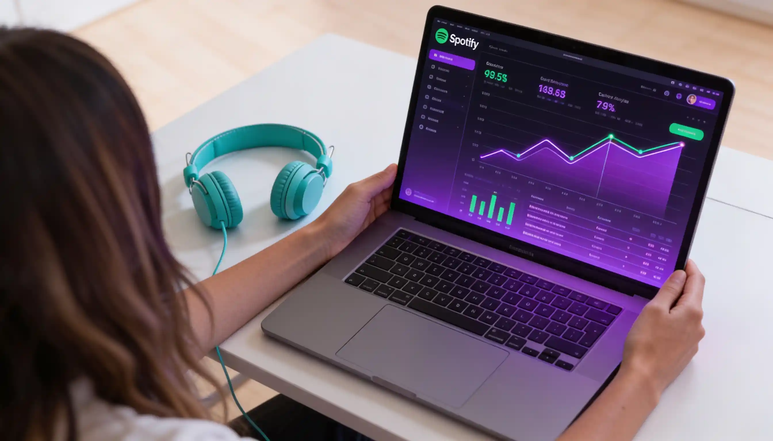 Modern Spotify analytics dashboard displaying playlist performance metrics, follower counts, engagement data, and listener demographics for playlist creators