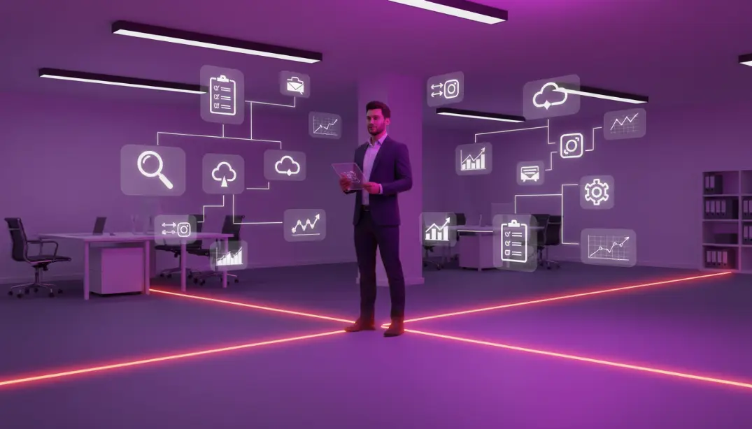 A professional person standing at a decision crossroads surrounded by holographic flowchart steps and social media strategy icons representing the organic vs paid growth decision
