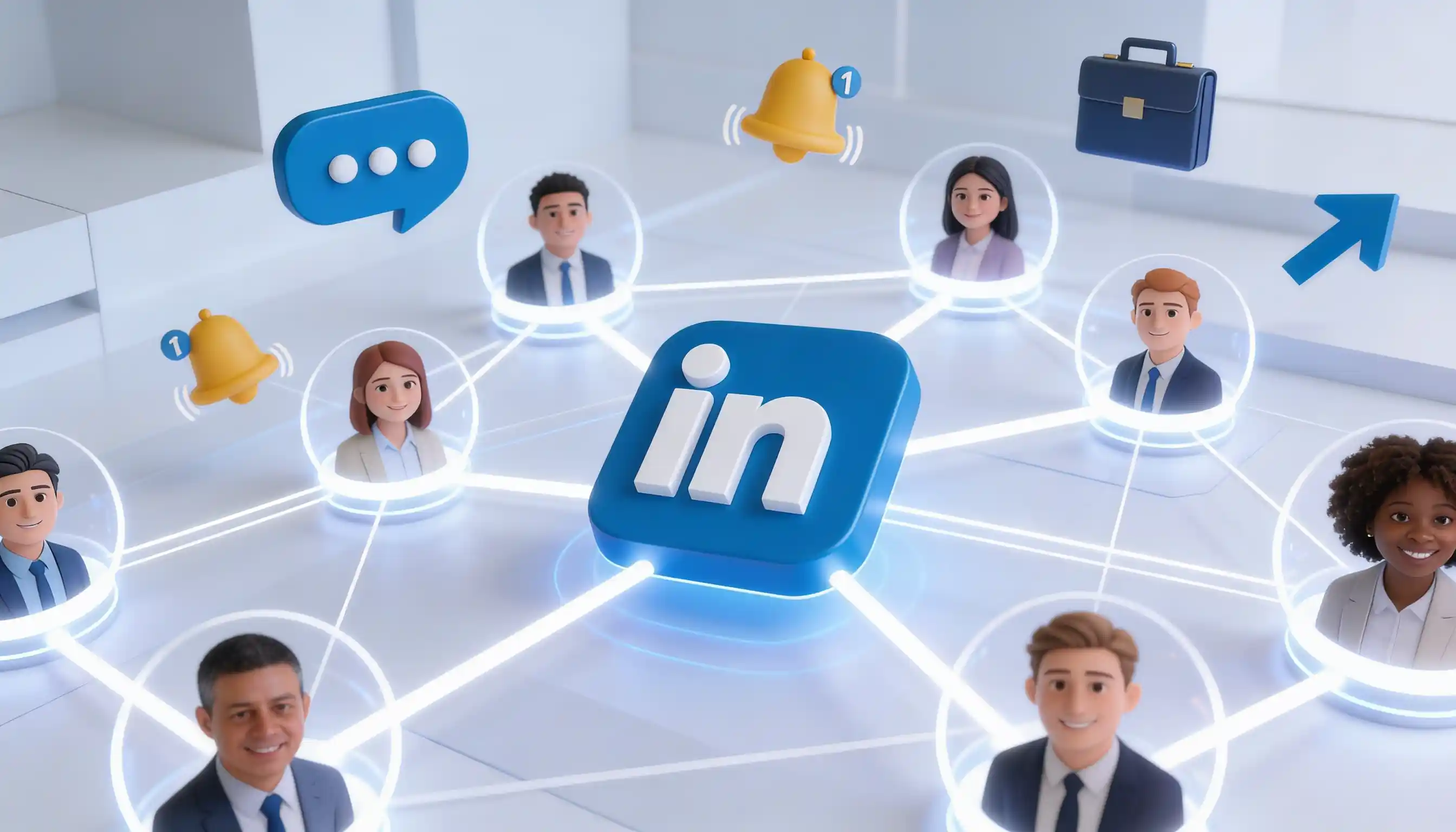 Abstract LinkedIn networking visualization showing interconnected professional connections web demonstrating how custom URLs facilitate digital networking and professional relationship building