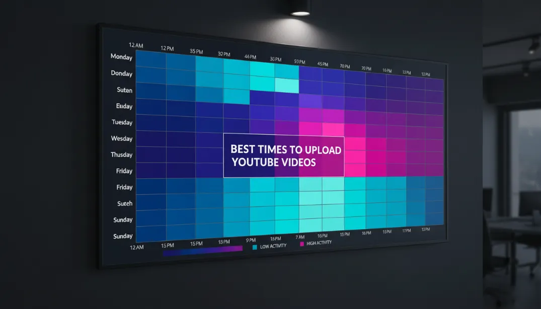 Heat map visualization of YouTube viewer activity by day and hour showing peak engagement windows in purple and pink gradient colors, with Thursday and Friday afternoons highlighted as the best times to upload YouTube videos