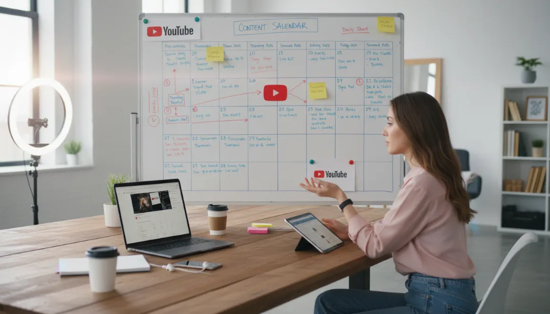YouTube creator planning a content calendar with strategic upload timing, showing a content schedule with premieres, trending topics, and seasonal uploads mapped out across weeks and months