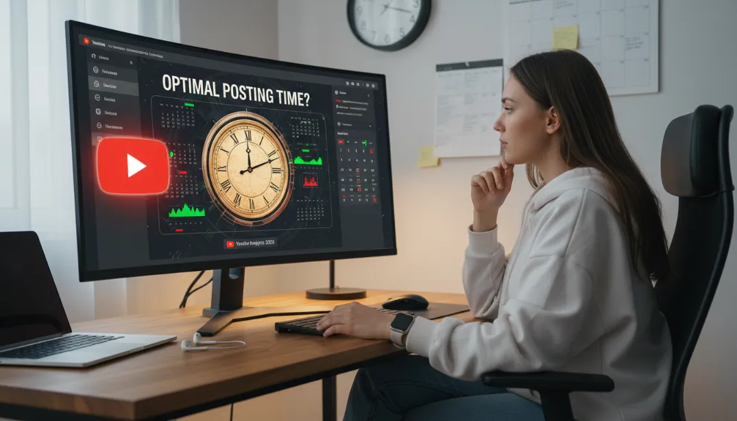 YouTube creator sitting at a desk with a clock, calendar, and analytics dashboard on screen, representing the question of the best time to post YouTube videos in 2026