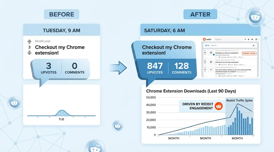 Before and after Reddit analytics comparison showing Alex's Chrome extension post &mdash; 3 upvotes at 9 AM Tuesday versus 847 upvotes and front page at 6 AM Saturday &mdash; alongside a three-month chart showing 50,000 tool downloads driven by Reddit community engagement and systematic timing optimisation