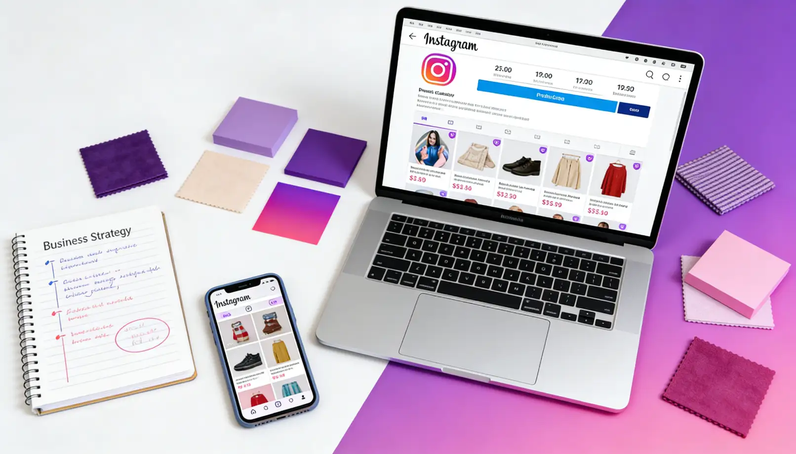 Clean modern workspace flat lay showing laptop with Instagram Shop product catalog and photography setup for product listings