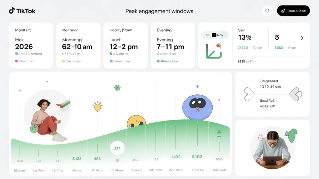 TikTok analytics dashboard showing a creator's view counts across different posting times in 2026, with a heatmap highlighting peak engagement windows &mdash; morning 6-10 AM, lunch 12-2 PM, and evening 7-11 PM &mdash; demonstrating how posting time affects TikTok views and algorithmic distribution