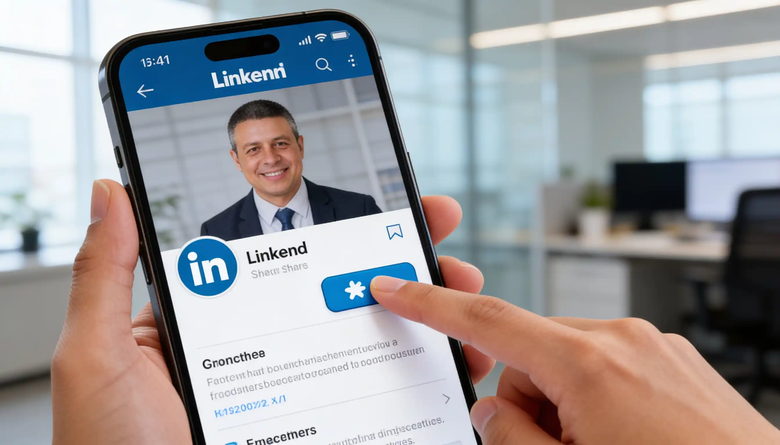 Close-up of professional hands holding smartphone displaying LinkedIn mobile app with custom profile URL for sharing across business cards email signatures and social media platforms