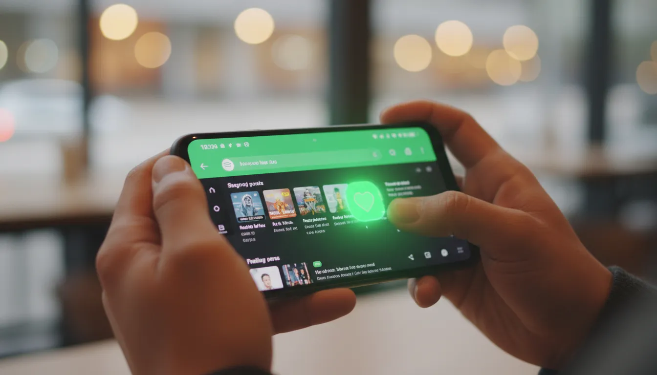 Close-up of hands holding smartphone displaying Spotify playlist with follower count and like metrics visible beneath playlist title showing engagement statistics