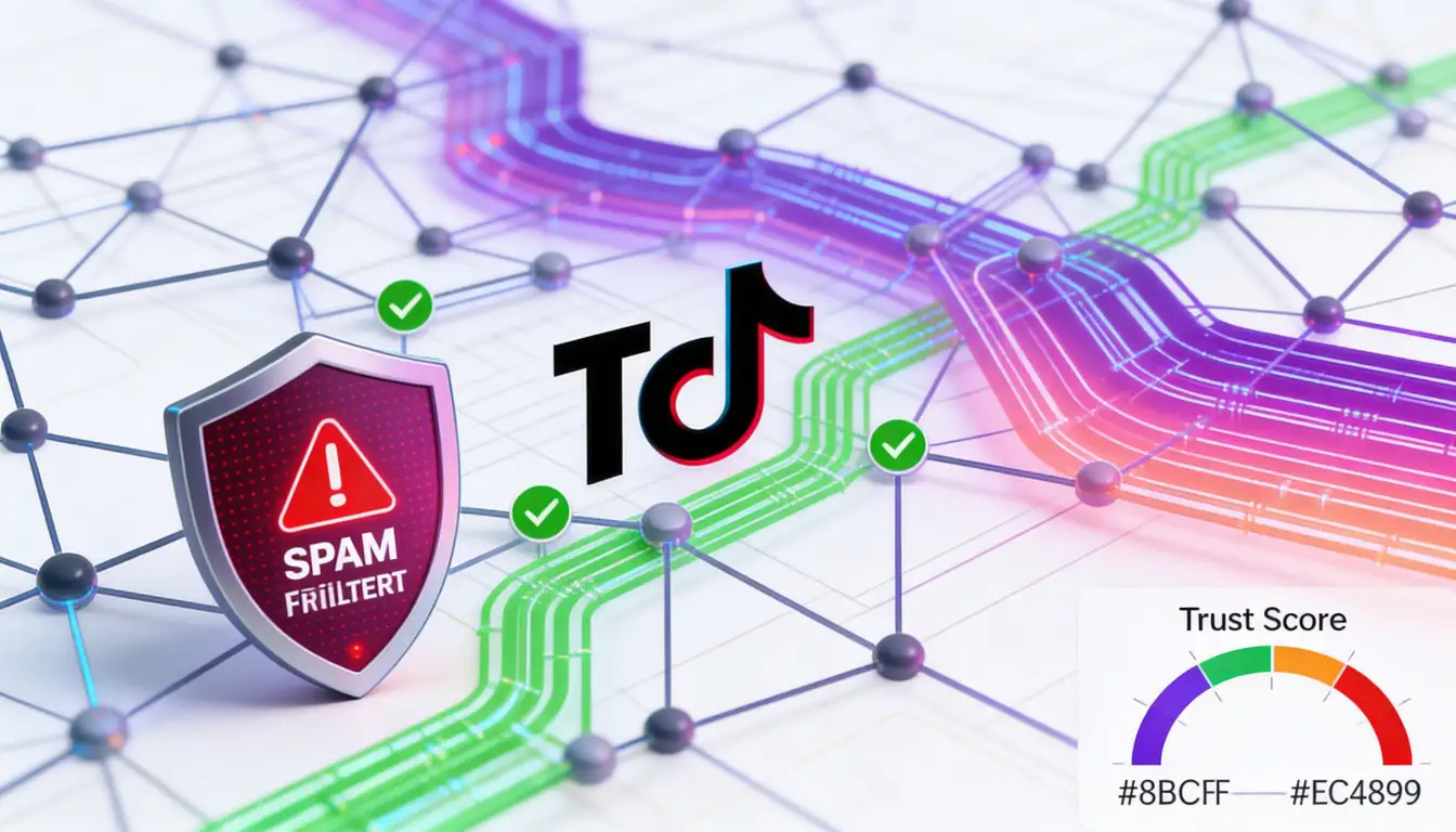 Conceptual digital illustration of TikTok algorithm analyzing spam detection and trust scores