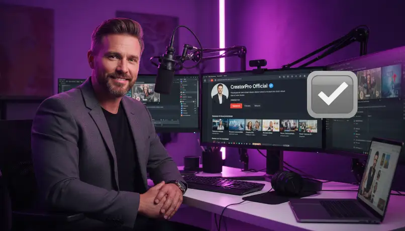 Confident content creator at professional desk with verified YouTube channel displayed on monitor showing channel growth success