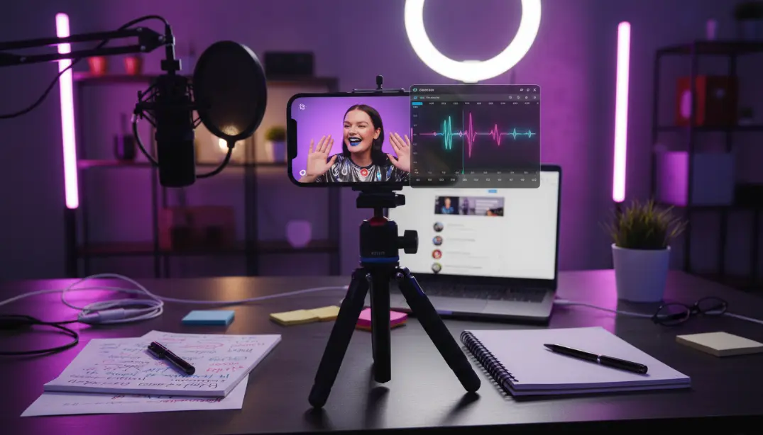 Content creator workspace showing smartphone filming TikTok video with trending sound waveform overlay and editing interface demonstrating strategic audio-to-content matching for maximum engagement and viral potential in 2026