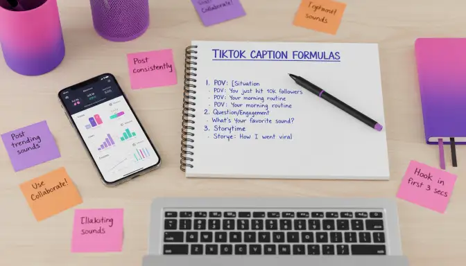 Creative workspace with notebook showing handwritten TikTok caption formulas and strategies