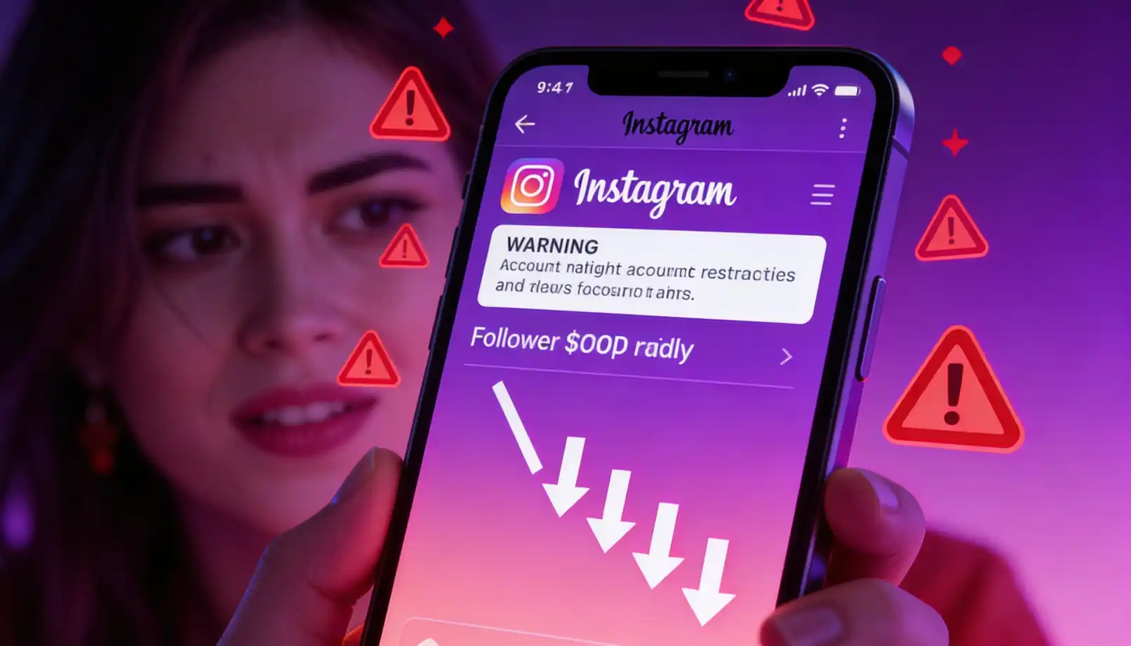 Dramatic smartphone screen showing Instagram account restriction warning for inauthentic activity and policy violations