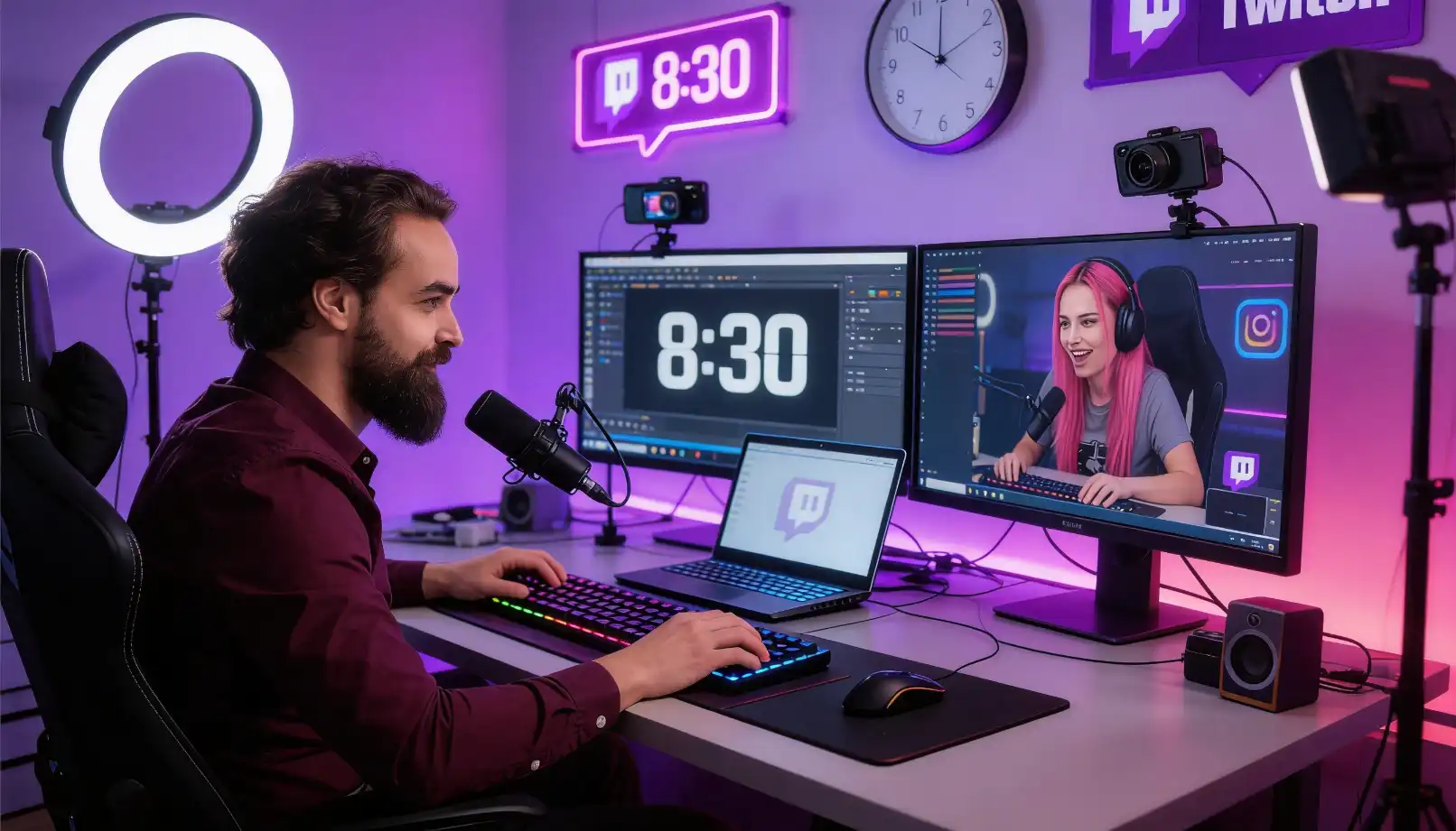 Dynamic gaming scene showing successful Twitch streamer with engaged audience and professional setup