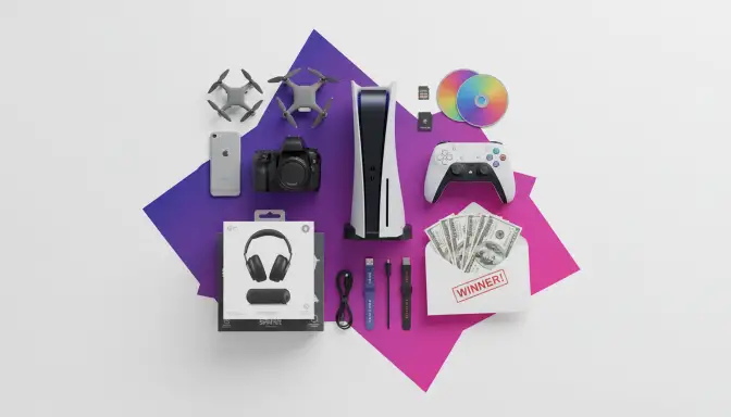 YouTube giveaway prizes including gaming console, tech gadgets, and premium items for subscriber engagement