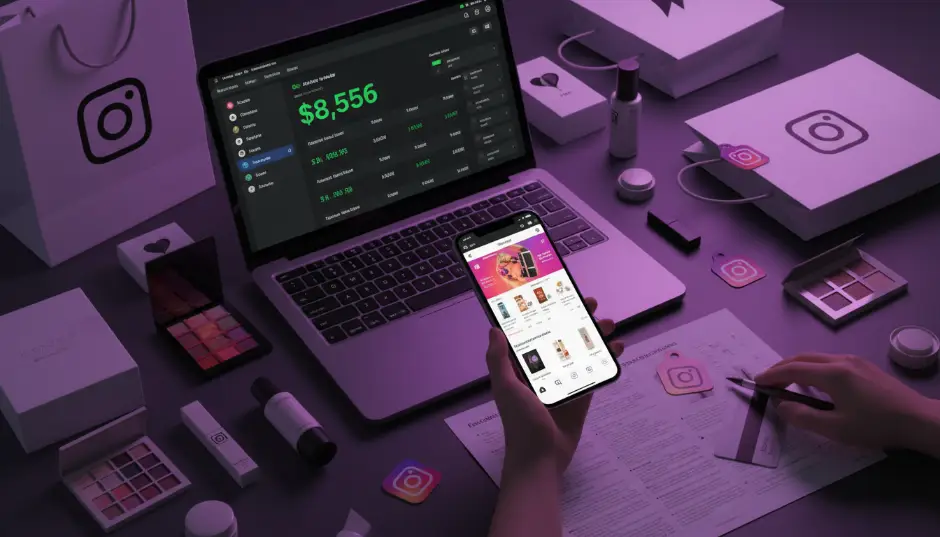 Flat lay workspace photography showing smartphone displaying Instagram business account with laptop, coffee, and product photography setup