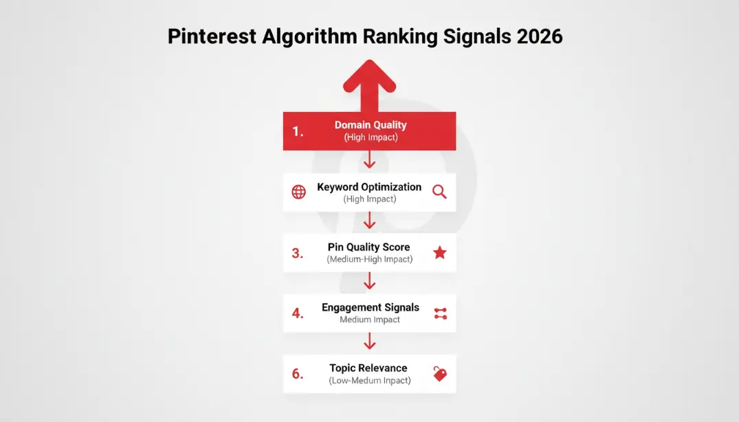 Infographic showing Pinterest algorithm ranking signals in 2026 &mdash; domain quality at the top, followed by keyword optimisation, pin quality score, pinner quality, engagement signals, and topic relevance, each with impact ratings and optimisation tips