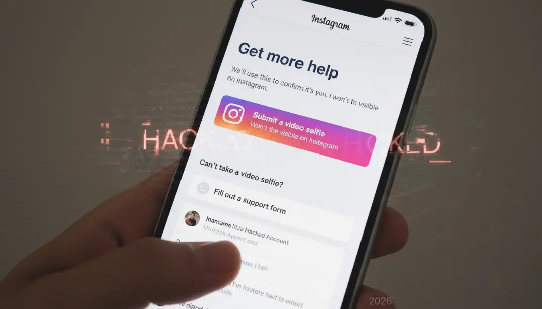 Instagram account recovery screen on a smartphone showing the 'Get more help' option, video selfie verification prompt, and Instagram support form for recovering a hacked account in 2026