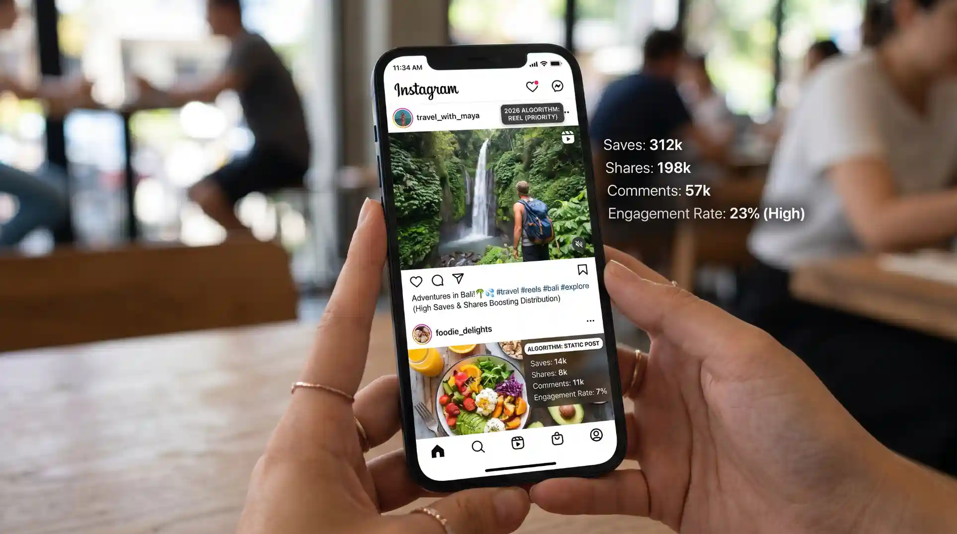 Instagram feed and Reels interface showing the algorithm ranking system in 2026 &mdash; posts with high saves, shares, and comments appearing at the top of the feed, with engagement rate metrics and content type indicators showing Reels receiving priority distribution over static images