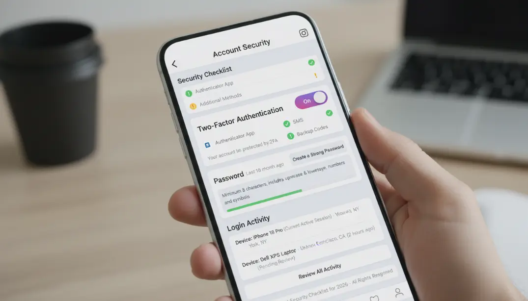 Instagram security settings screen on a smartphone showing two-factor authentication setup with an authenticator app, strong password requirements, and login activity review &mdash; a complete account security checklist for 2026