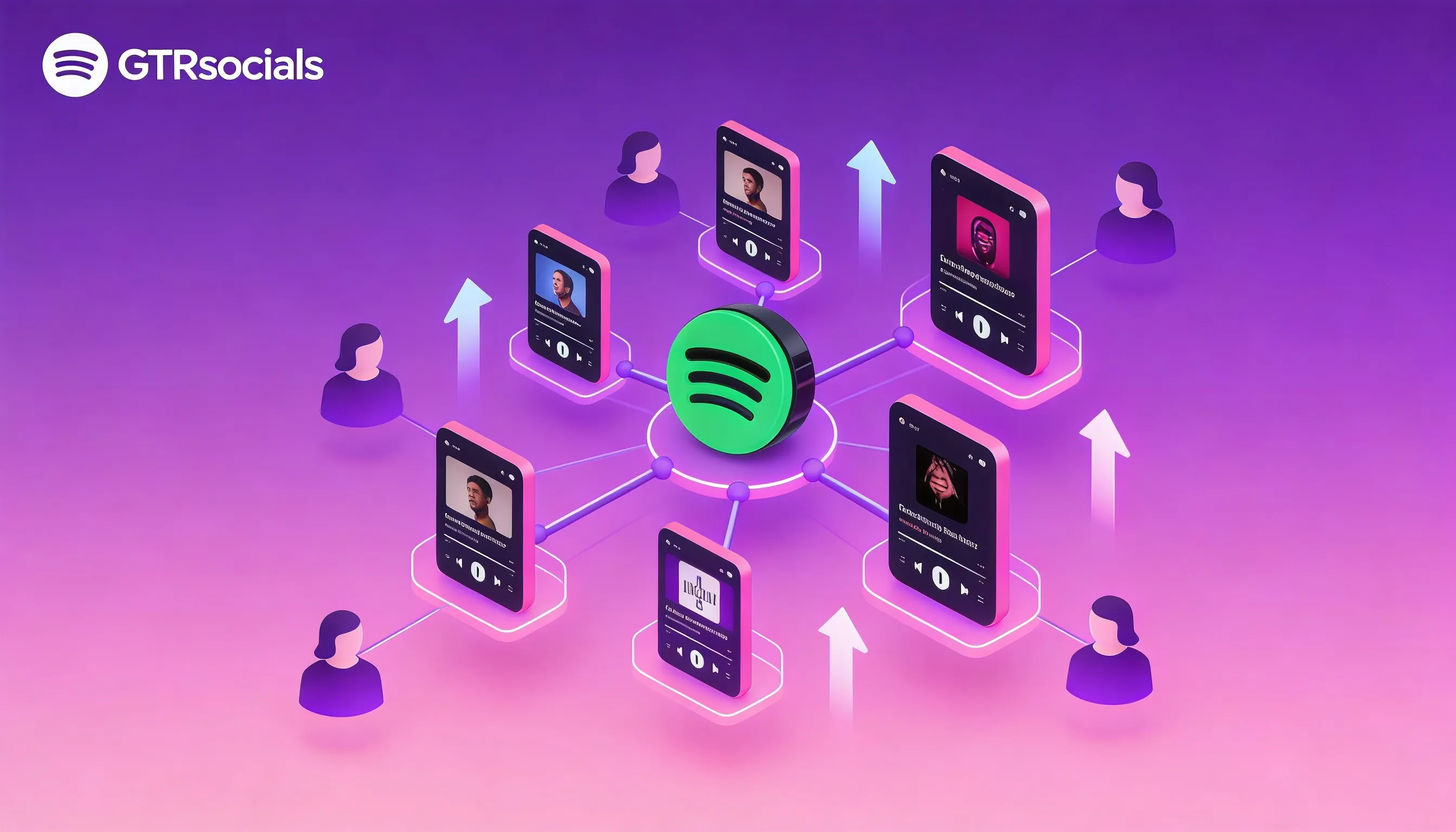 Isometric illustration showing Spotify playlist growth strategy with rising follower metrics, engagement analytics, and content curation workflow for playlist success