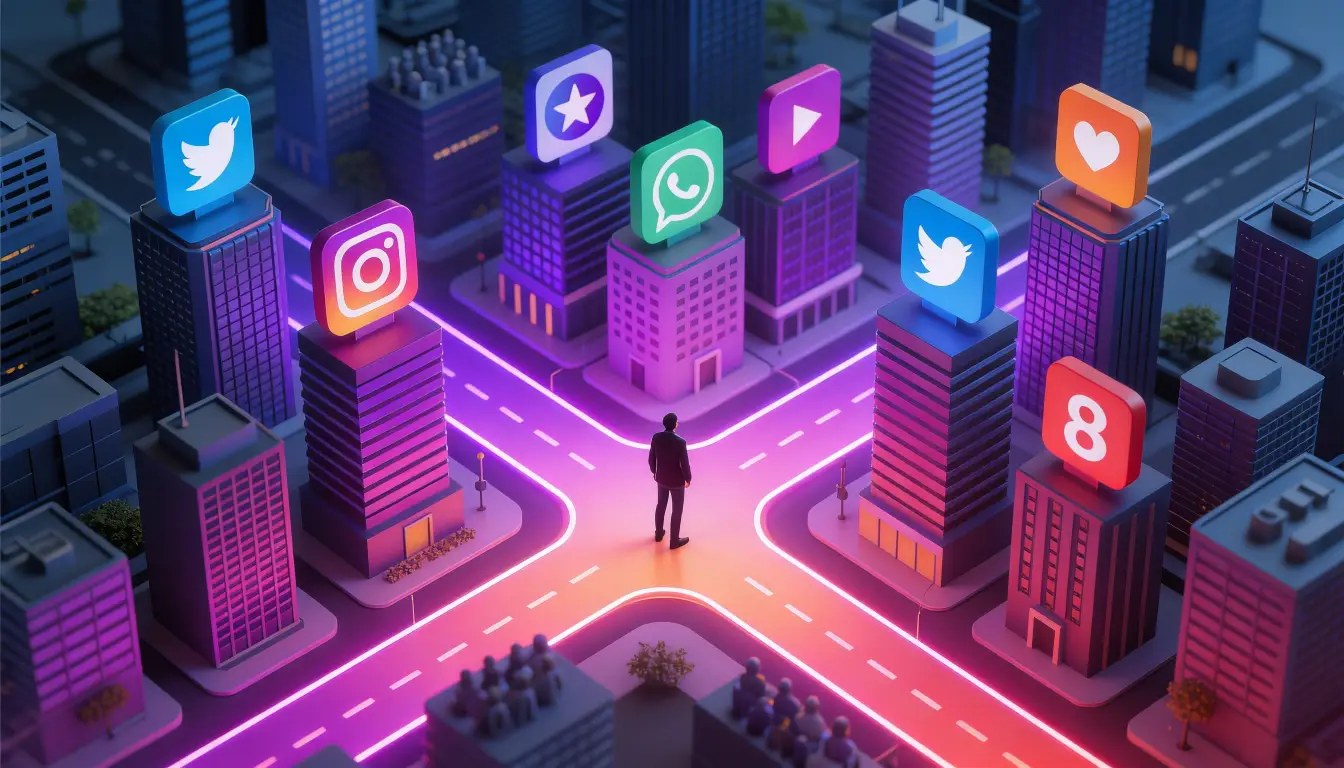 Isometric illustration of various social media platforms - Instagram, TikTok, Facebook, LinkedIn, YouTube