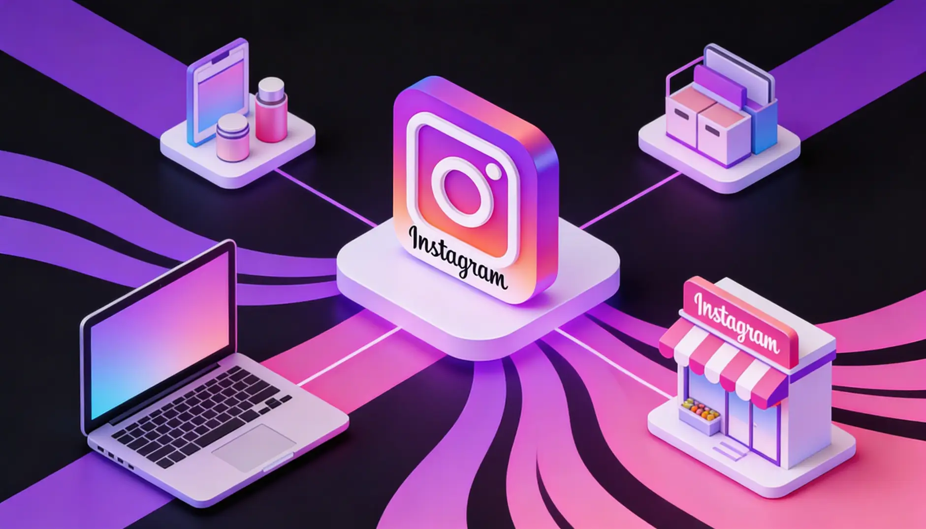 Isometric infographic showing Instagram account center with multiple monetization streams including brand deals, products, and affiliate marketing