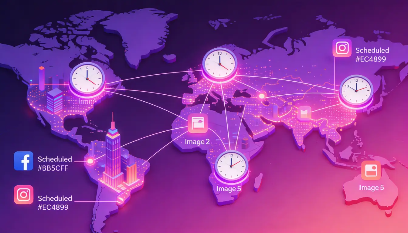 Isometric world map showing different time zones with digital clocks, illustrating global Facebook audience timing challenges and multi-timezone posting strategy