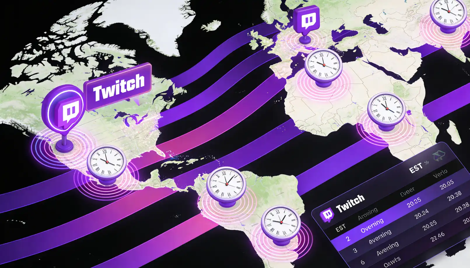 Isometric world map illustration showing global Twitch streaming time zone optimization and international audience reach