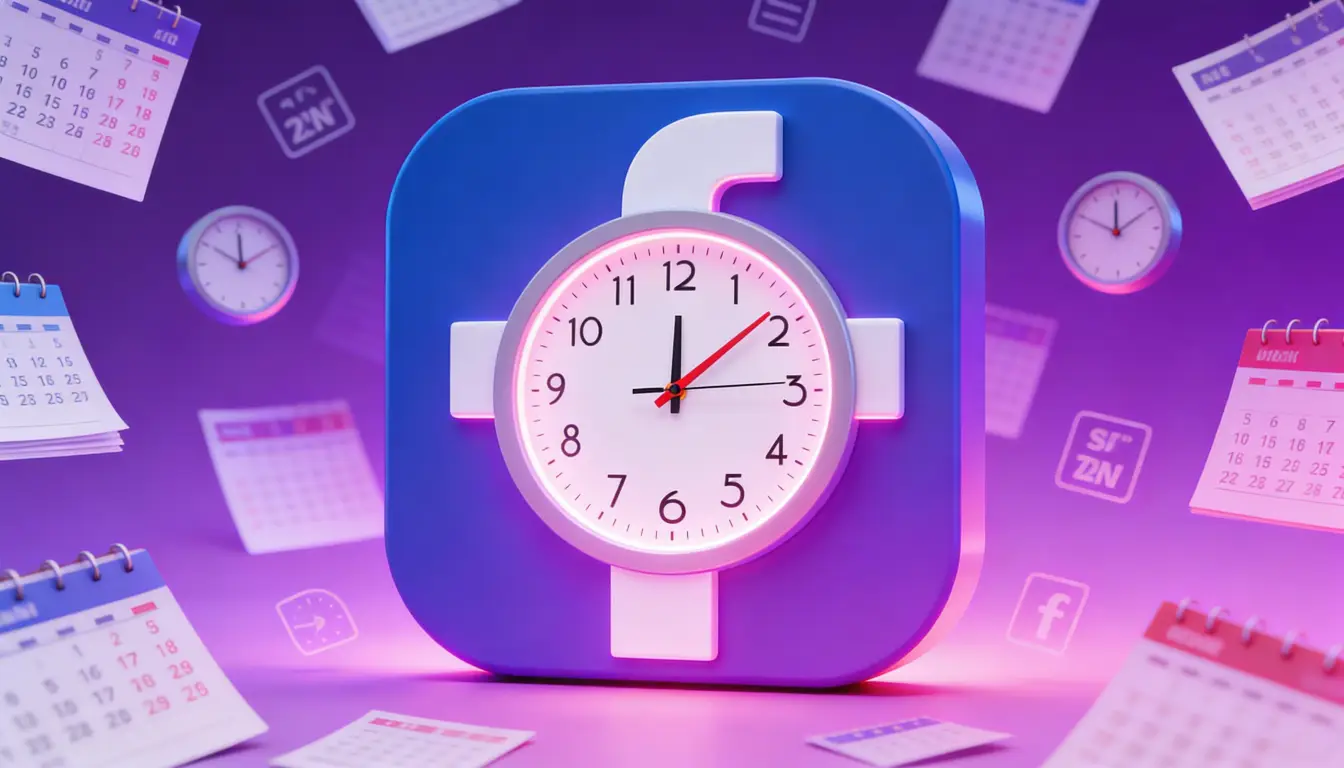 3D Facebook logo with illuminated clock representing optimal posting times and social media scheduling strategy