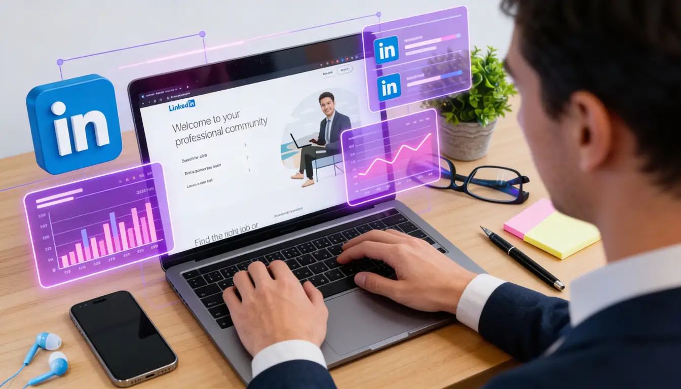 Lifestyle photography of professional at desk with laptop analyzing LinkedIn posting schedule and engagement data