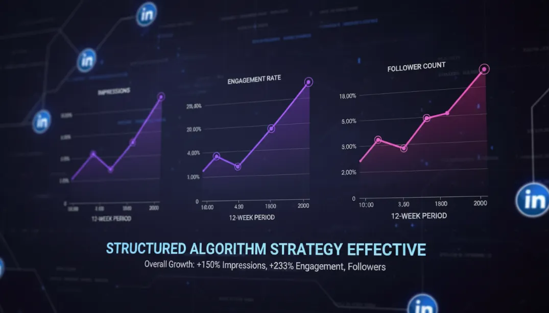 LinkedIn analytics dashboard showing progressive growth in impressions, engagement rate, and follower count over a 12-week period following a structured algorithm strategy, with purple and pink gradient data visualisation