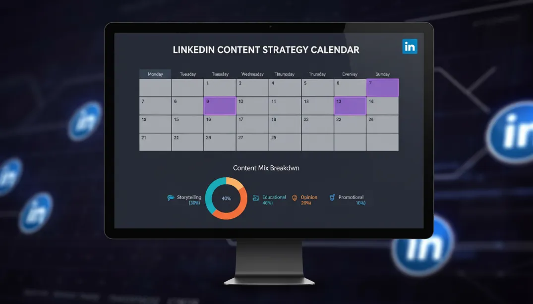 LinkedIn content strategy calendar showing optimal posting schedule &mdash; Tuesday through Thursday mornings highlighted in purple, with content mix breakdown showing storytelling, educational, opinion, and promotional post types distributed across the week