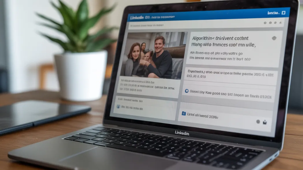 LinkedIn feed interface on a laptop screen showing algorithm-driven content with engagement metrics &mdash; likes, comments, shares &mdash; highlighting what makes posts go viral on LinkedIn in 2026