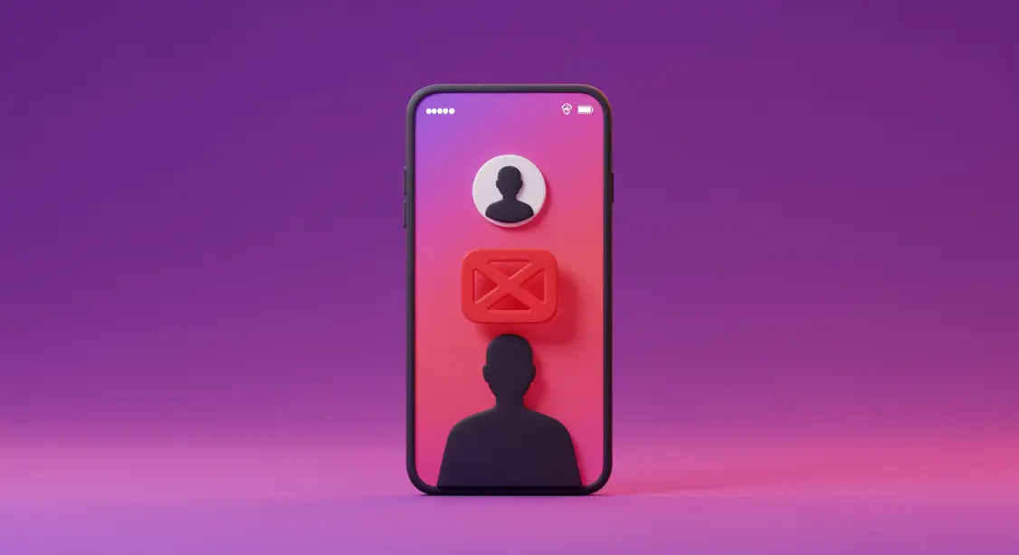 3D smartphone mockup showing Instagram profile screen with user not found message
