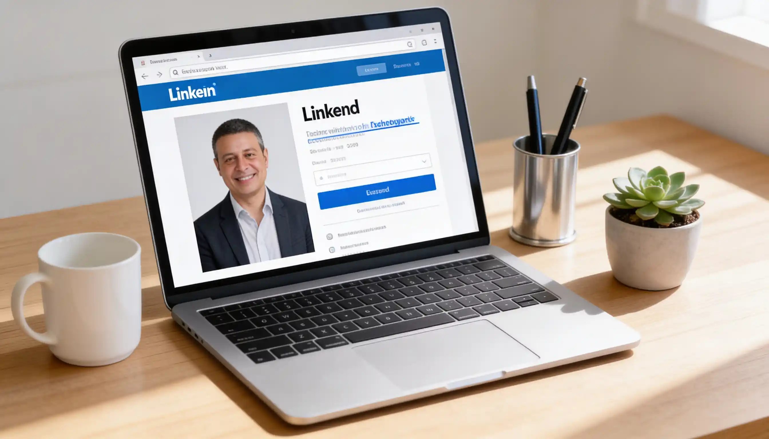 Minimalist professional workspace with laptop displaying LinkedIn profile customization page showing how to create custom URL for personal branding and career networking