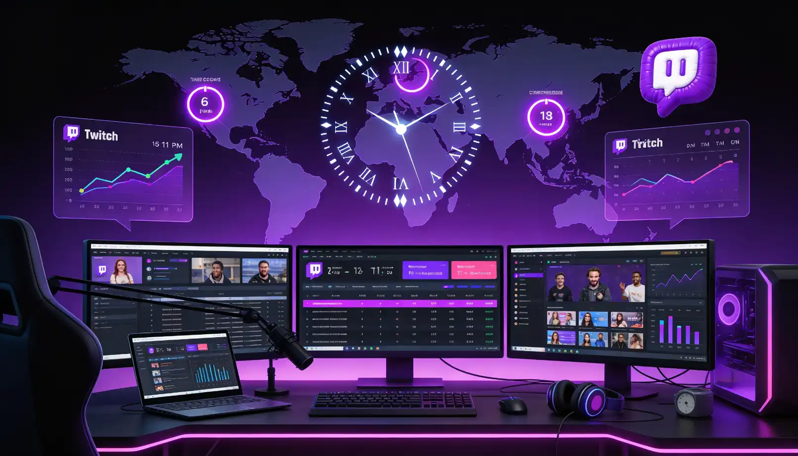 Modern 3D illustration of gaming setup with multiple monitors showing Twitch streaming dashboard and schedule optimization
