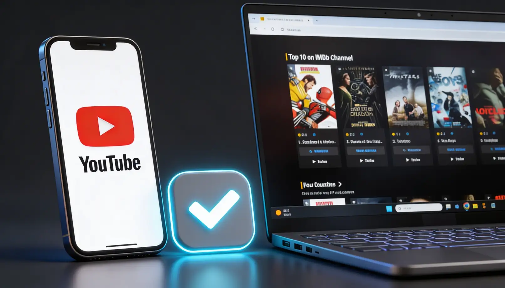 Modern 3D illustration of smartphone and laptop showing YouTube verification badge concept with channel credibility signals