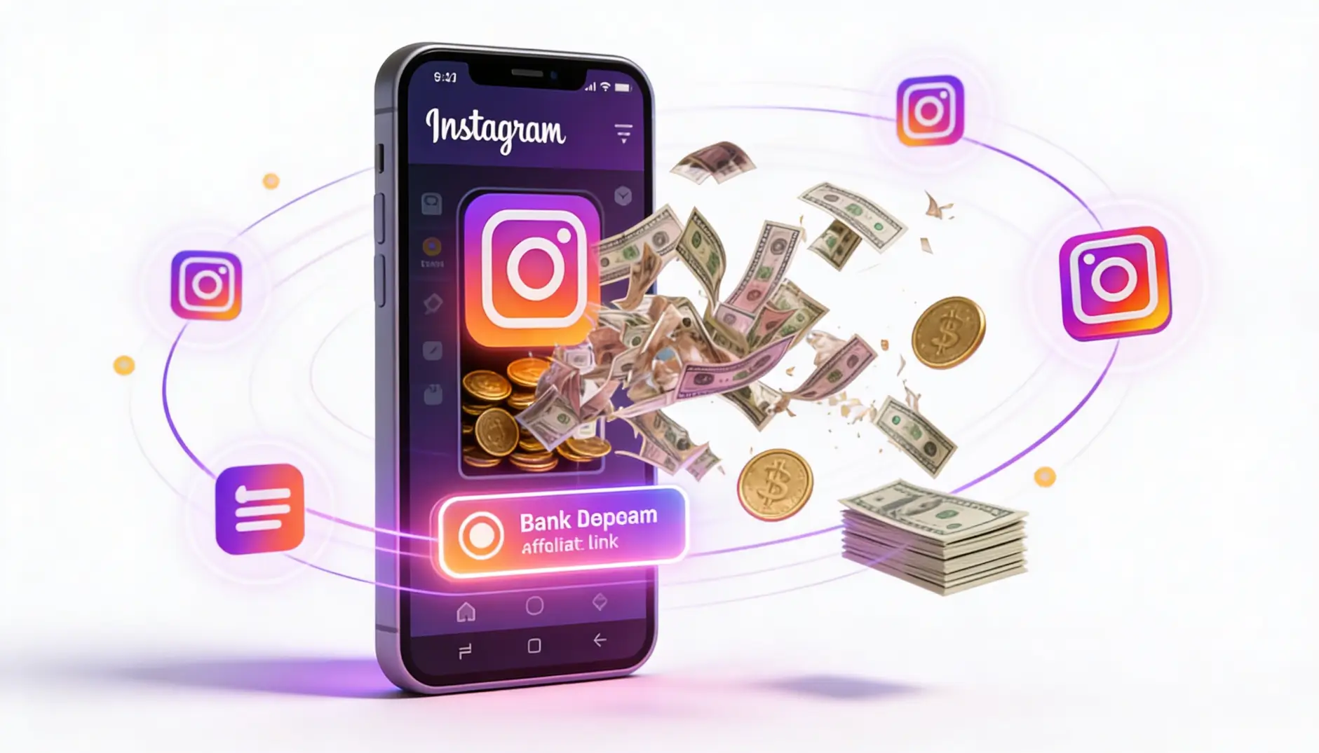 Modern 3D illustration of smartphone displaying Instagram monetization opportunities with dollar symbols and engagement metrics