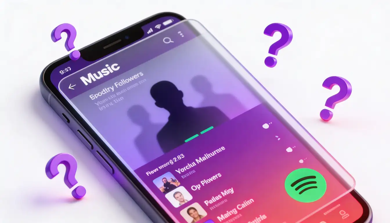 Modern 3D illustration of smartphone displaying Spotify playlist with mysterious follower analytics