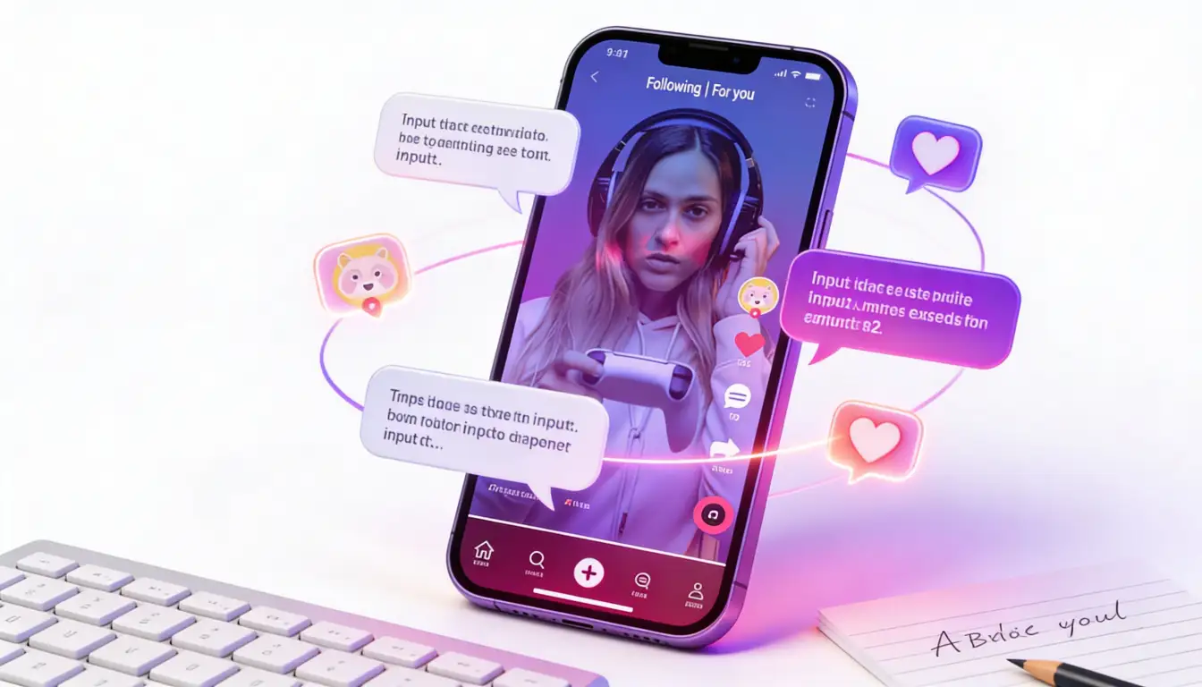 TikTok caption creation concept - smartphone with creative caption ideas and engagement metrics