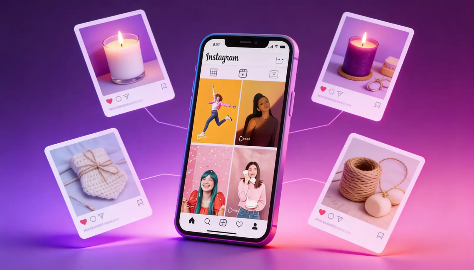 Modern 3D smartphone Instagram commerce scene showing a floating product catalog, shopping tags, and sales notifications
