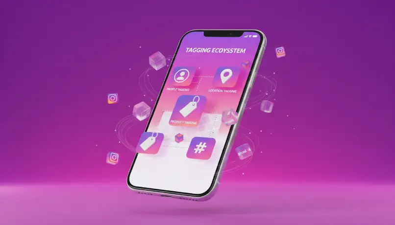 Modern 3D smartphone visualizing Instagram tagging ecosystem showing posts, stories, reels and comments