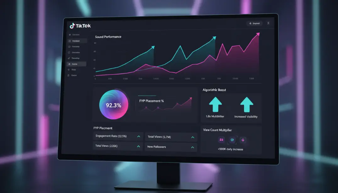 TikTok algorithm dashboard showing trending sound performance metrics with upward trending graphs demonstrating how viral audio increases video distribution and For You Page placement through algorithmic boost in 2026
