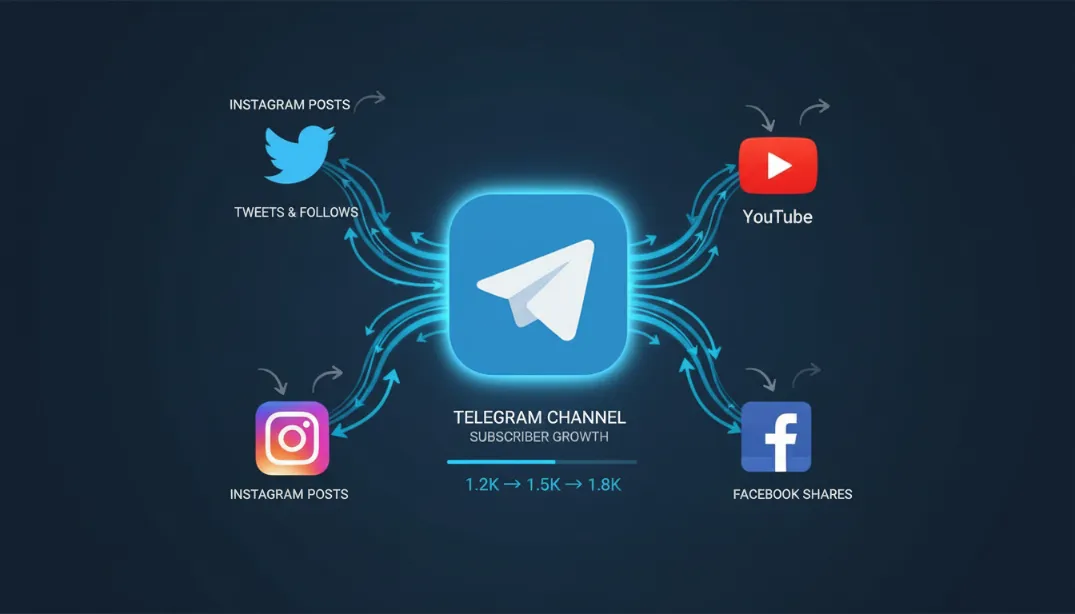 Multi-platform social media dashboard showing Instagram, Twitter, YouTube, and Facebook all linking to a central Telegram channel, with arrows representing cross-platform traffic flowing into Telegram subscriber growth