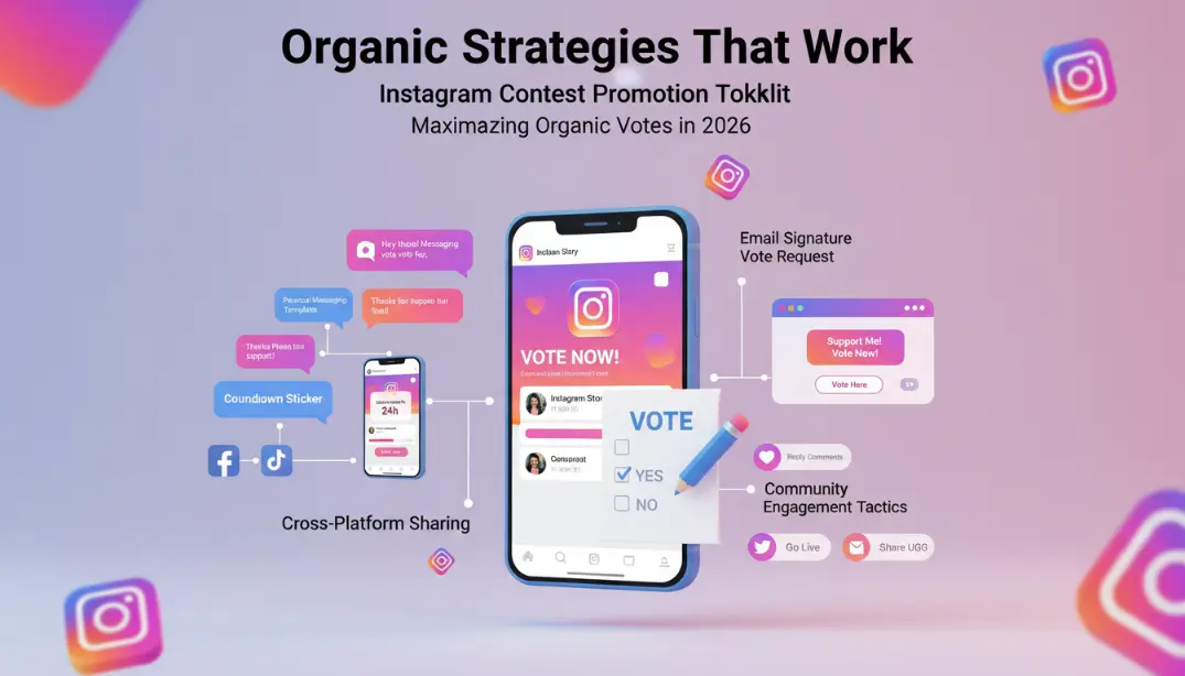 Instagram contest promotion toolkit showing multi-platform outreach strategy with personal messaging templates, Instagram story countdown stickers, feed post call-to-action examples, cross-platform sharing to Facebook Twitter TikTok, email signature vote requests, and community engagement tactics for maximizing organic vote collection in 2026