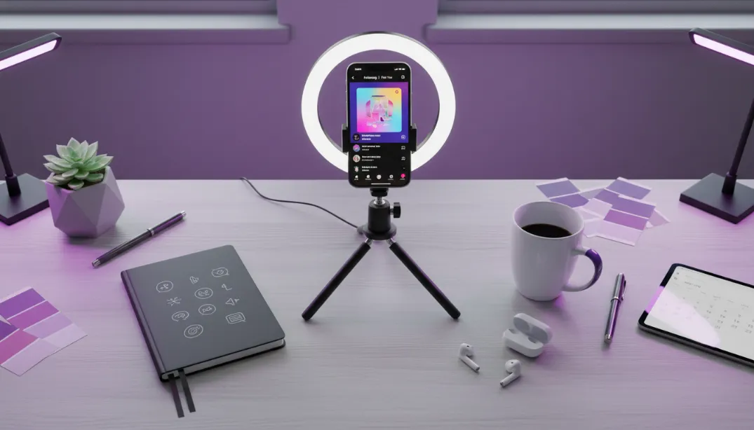Creative workspace showing TikTok content creator filming behind-the-scenes video on smartphone with ring light and tripod setup demonstrating authentic content production process for organic growth