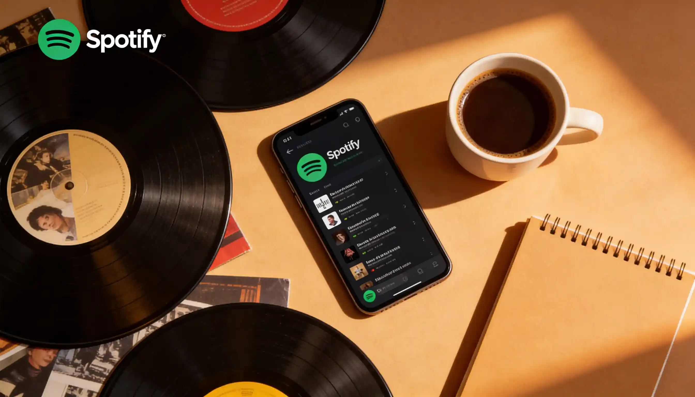Overhead view of workspace with vinyl records, smartphone showing Spotify app, and analytics tools demonstrating legitimate playlist curation and growth strategies