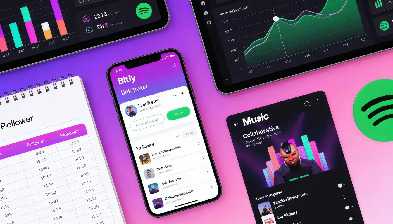 Overhead flat lay workspace with smartphone showing Bitly link tracker and tablet with analytics